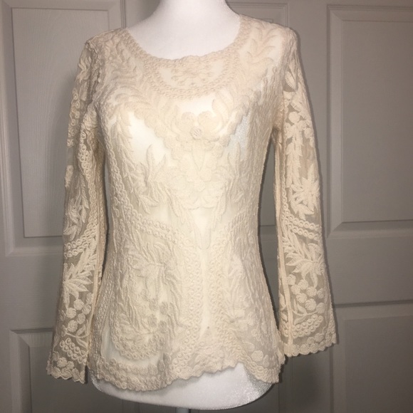 Express Cream Ivory XS Sheer Lace Embroidered Top - Picture 3 of 8
